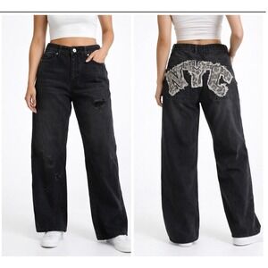 Disclosure Wide Leg Black Denim Pants Distressed NYC Leopard Grunge Edgy Sz 9/29